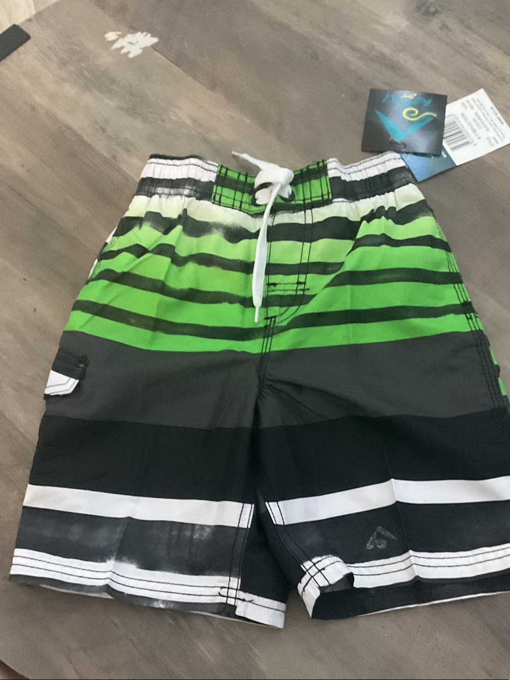 Kanu Surf Green Black White Striped Boys Swim Trunks